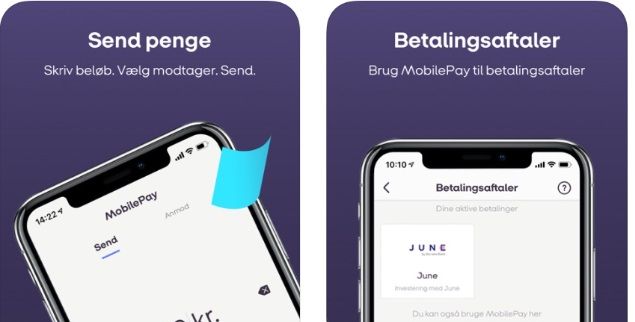 Billeder af appen MobilePay fra app-butikken.

Klik på billedet herunder til venstre for at se en animation af appen i funktion. 