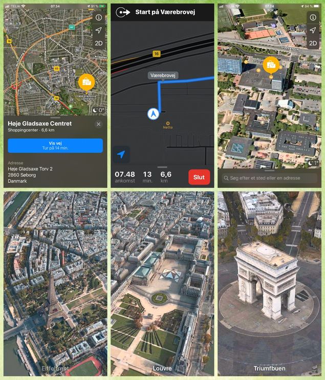 Herover ses skærmbilleder fra Kort-appen på iPhone. Man kan finde en rute på et kort; se et sted på såvel et tegnet kort som på flyfoto. Endvidere kan du se stedet i 3D. Verdens storbyer kan også overflyves som turist på telefonen - de tre nederste billeder er genererede 3D-billeder fra turistoverflyvningen af Paris - alt sammen er skabt ud fra digitale 3D-modeller i Kort-appen i telefonen. 