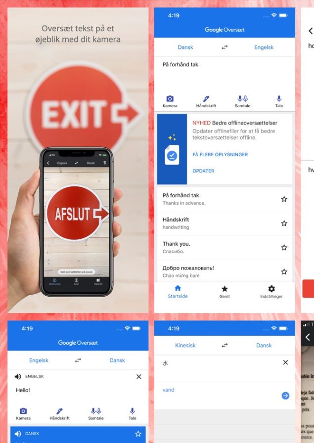 Mobilappen Google Oversæt kan oversætte udenlandske skilte - live, indtastet eller kopieret tekst, en samtale mellem to personer eller håndskrift. Du kan også tage et billede af en tekst og få den oversat.