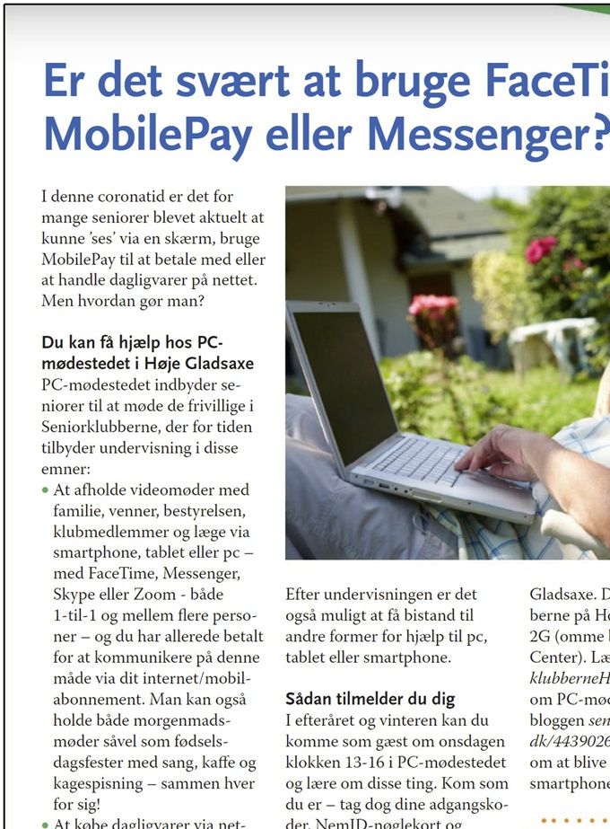 En side om PC-mødestedet og dets aktiviteter i novemberudgaven af Gladsaxe Kommunes seniorblad 60+.